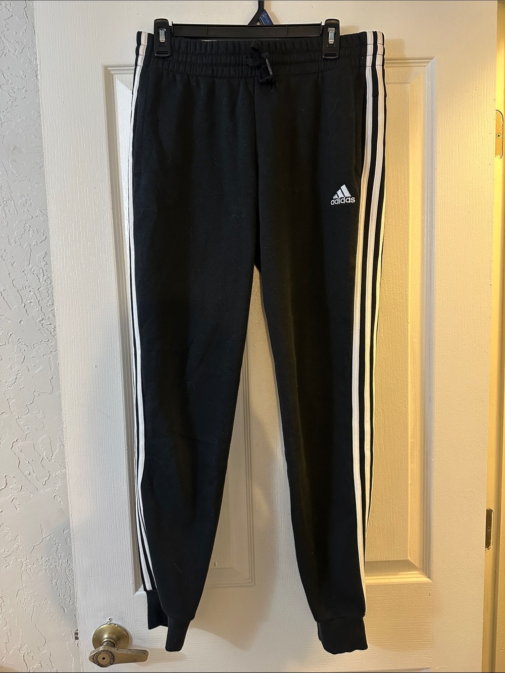 adidas fleece Black Track Pants with White Three-Stripes